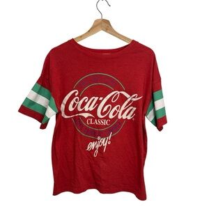 Coca-Cola Classic Graphic Tee L Red Striped Sleeve Vintage Y2K Retro Americana